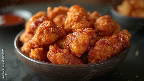 Delicious fried chicken in a bowl is ready to be served. close up view. © pengedarseni
