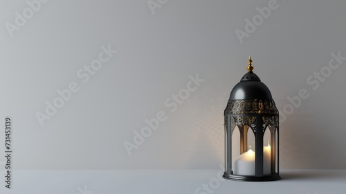modern minimalist arabic lantern in black with white background simple elegant for copy space ramadan kareem.