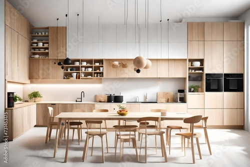 A Scandinavian minimalist kitchen with light wood accents  clean lines  and pops of bright color for contrast.
