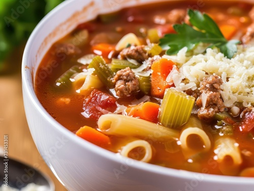 Minestrone soup with mix of vegetables. Italian cuisine.