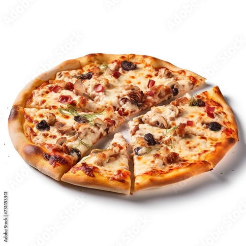 Ultimate Indulgence: Loaded Pizza, Isolated on a Clean White Background. Dive into a Melting Medley of Savory Toppings, Perfectly Captured in Every Slice for Your Culinary Enjoyment and Cravings