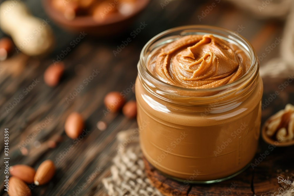 Glass jar with creamy peanut butter on wooden table.