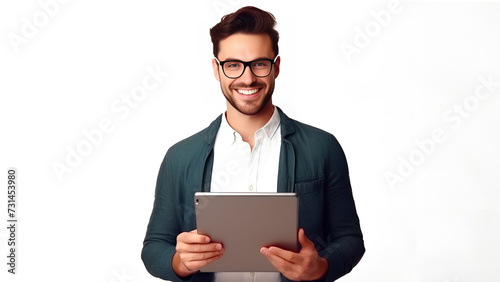 A youthful and handsome American man wearing a joyful smile as he operates a tablet, showcased against a clear white background.