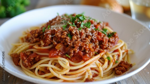 Bowl of delicious Italian spaghetti Bolognese.