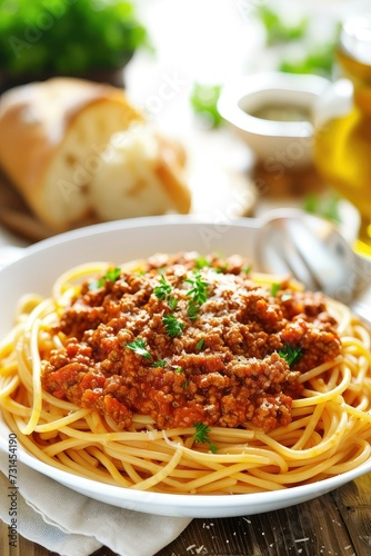 Spaghetti bolognese on a white plate.