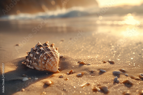Generative AI Image of Conch Sea Shell on Seashore at Sunrise