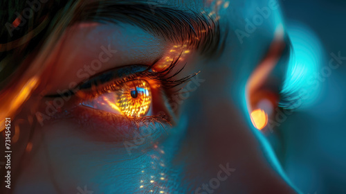 A close-up on the eyes of a business innovator lit by the glow of a futuristic screen, reflecting the vision and creative thinking behind their leadership