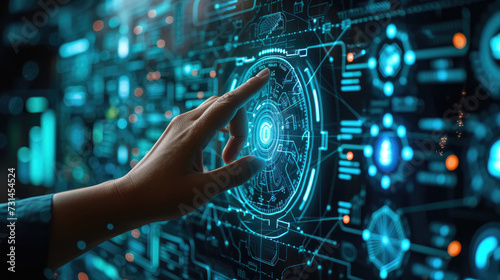 A leader standing before a virtual reality interface, close-up on their hand touching futuristic data streams, symbolizing hands-on innovative leadership