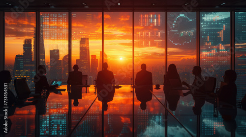 A team meeting at sunrise, silhouetted against a large window overlooking a city awakening, discussing strategies beside a holographic display 71