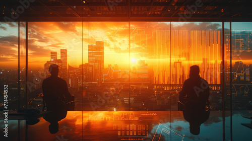 A team meeting at sunrise, silhouetted against a large window overlooking a city awakening, discussing strategies beside a holographic display 75