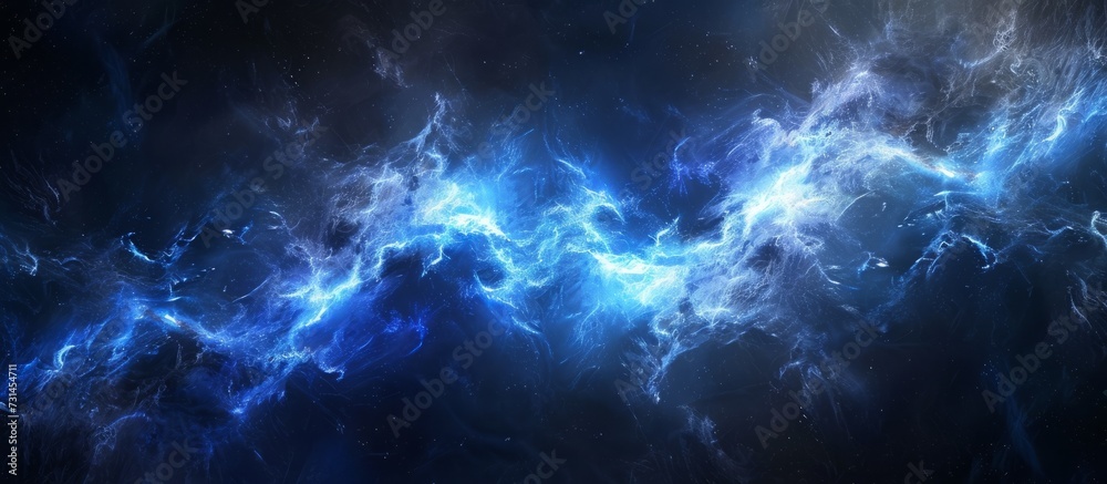 Computer-generated abstract background with blue high-power plasma in deep space, composed of matter and antimatter.