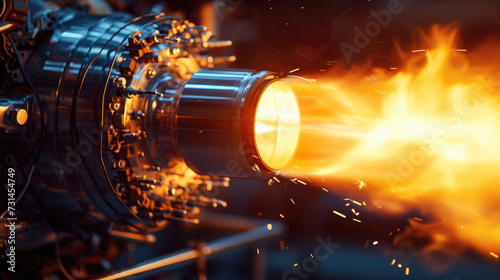 Close-up of a rocket engine nozzle during a test firing, capturing the flame and engineering complexity © chayantorn