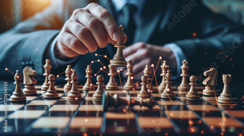 Close-up of a visionary leader's hands strategically moving chess pieces on a digital board, symbolizing innovative leadership in business -530