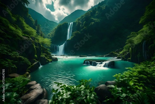 Emerald-hued mountains adorned with dense foliage framing a cascading waterfall, a natural masterpiece.