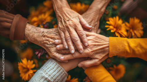 Close-up of family members' hands joined in celebration, emphasizing the warmth of human connection, in a Lifestyle and People photo
