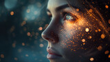 Intense focus on a business professional's face, deep in thought, with creative and innovative ideas visualized as light particles swirling around