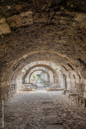View through a stone arched passageway at a historical site with cobblestone ground in Izmir, Turkiye. © aminkorea