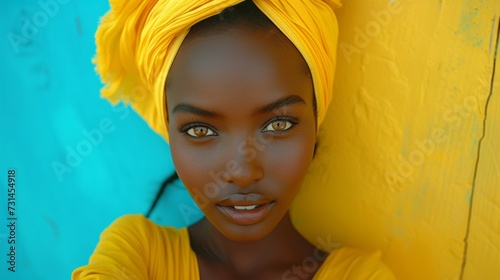 Vibrant portrait of a woman with yellow turban and jacket against a blue backdrop