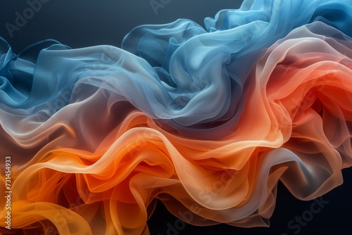 Abstract swirls of blue and orange smoke against a white backdrop