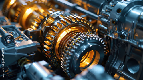 Macro shot of a car's transmission system being assembled, gears and bearings highlighted