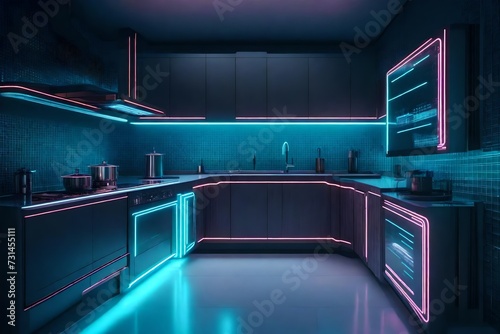 A futuristic kitchen with smart appliances and a blank frame integrated into the innovative design.