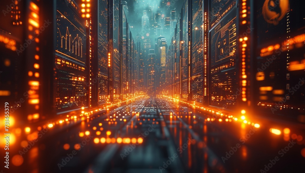 Futuristic cityscape with glowing orange data channels, evoking high-tech vibes