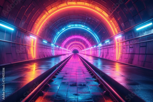 Futuristic tunnel illuminated with colorful neon lights