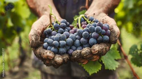 Grapes harvest. Farmers hands with freshly harvested black grapes