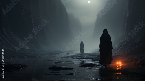 Dark, minimalist view of the underworld with a haunting cloaked figure ruling the empty lands