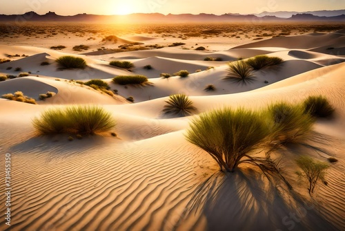 A peaceful oasis nestled in the heart of a desert  framed by towering sand dunes and a clear  blue sky.