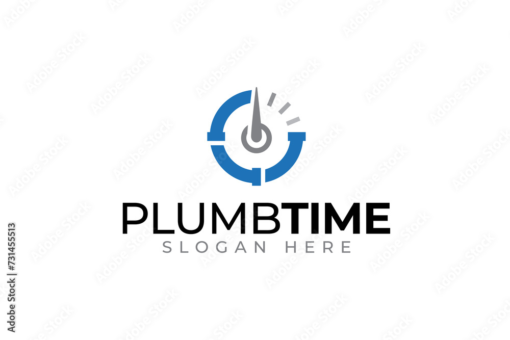 plumbing timer with plumb and clock shape modern logo design for plumbing and home service company