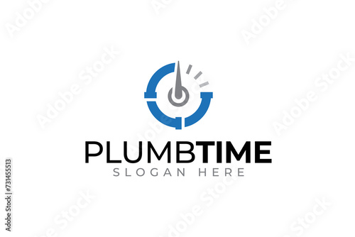 plumbing timer with plumb and clock shape modern logo design for plumbing and home service company