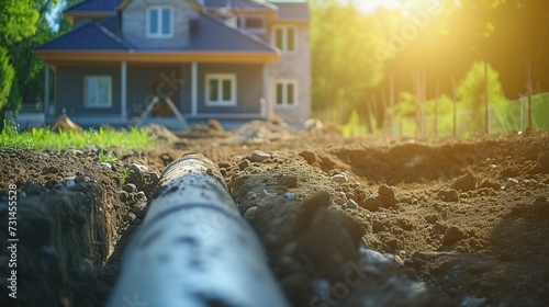installation of a sewage plastic pipe during the construction of a house. Creative Banner. Copyspace image photo
