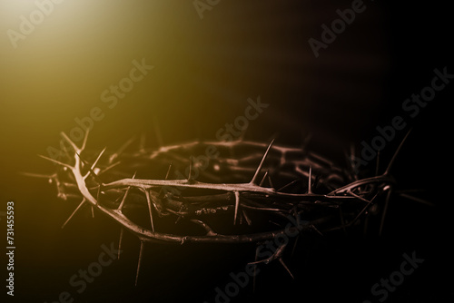 the crown of thorns of Jesus on black background against window light with copy space, can be used for Christian background, Easter concept	