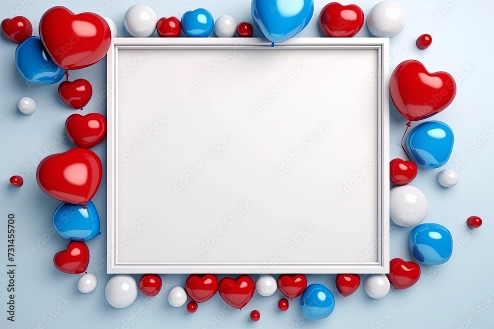 Blank white frame photo with red blue heart balloons on bright pastel background. Valentine'sday-USA Independence Day. Mother's day-Father's day. Mockup presentation. advertisement. copy text space.