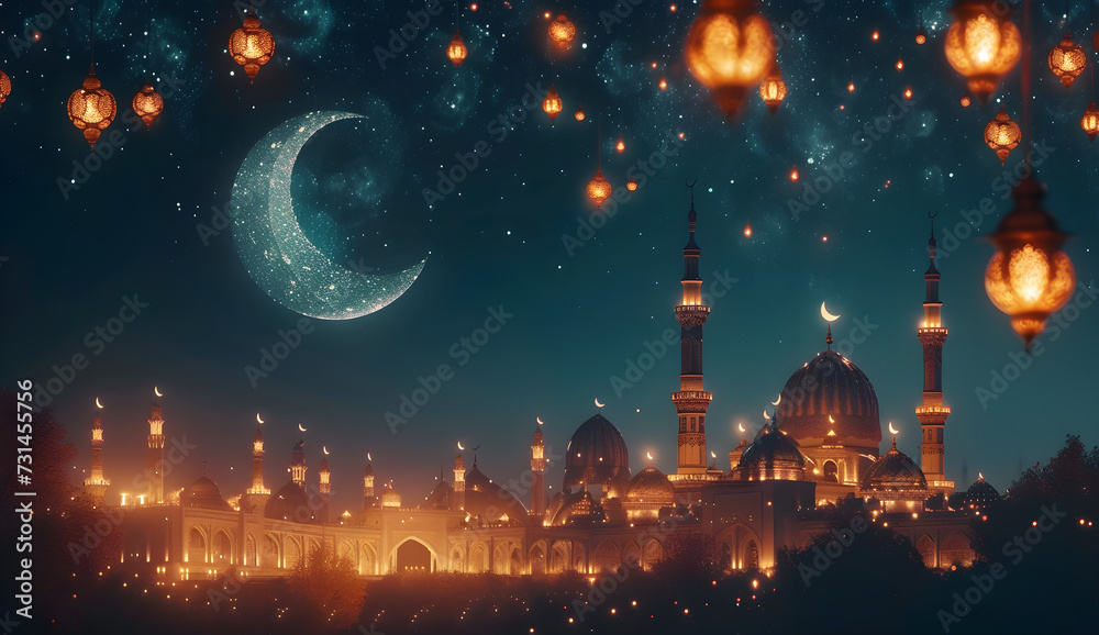 Islamic background with moon lanterns and mosque for Ramadan and Eid celebrations. Suitable for religious and cultural events.