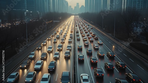 concept of a long line of cars on the road during the city's rush hour, exhaust pollution, and environmental problems. generative AI