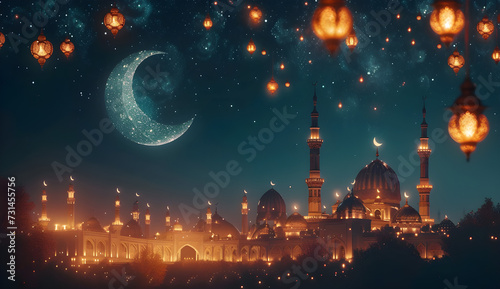 Islamic background with moon lanterns and mosque for Ramadan and Eid celebrations. Suitable for religious and cultural events.