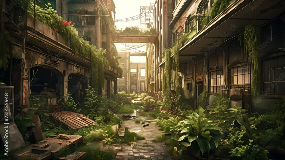 Abandoned post apocalyptic city surrounded by many plants. Created with Generative AI. Abandoned post apocalyptic city surrounded by many plants. Created with Generative AI.