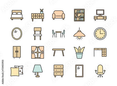 Set of furniture colorful icons, editable stroke