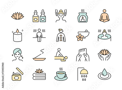 Spa and sauna colorful line icons set. Vector illustration, editable stroke	