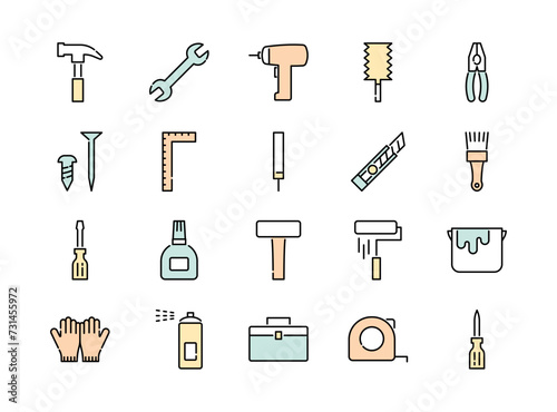 Colorful icon set of DIY tools, vector illustration editable stroke	