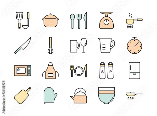 Cooking and kitchen tools colorful line icons set. Vector illustration, editable stroke