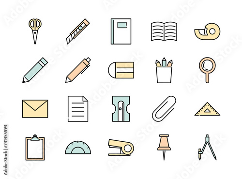 Set of stationery colorful icons, vector illustration, editable stroke	