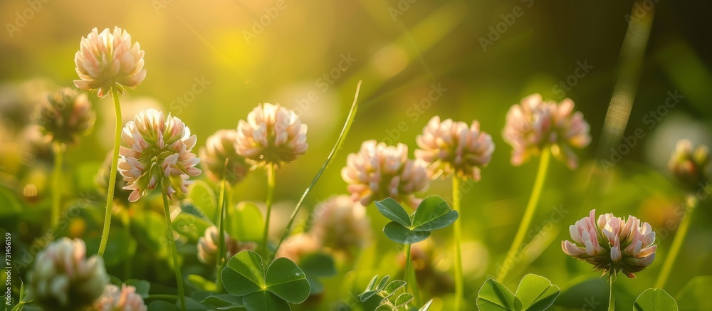 Fototapeta premium A grassy field scattered with clovers, their petals shining in the sun, creating a natural landscape with flowering herbaceous plants.