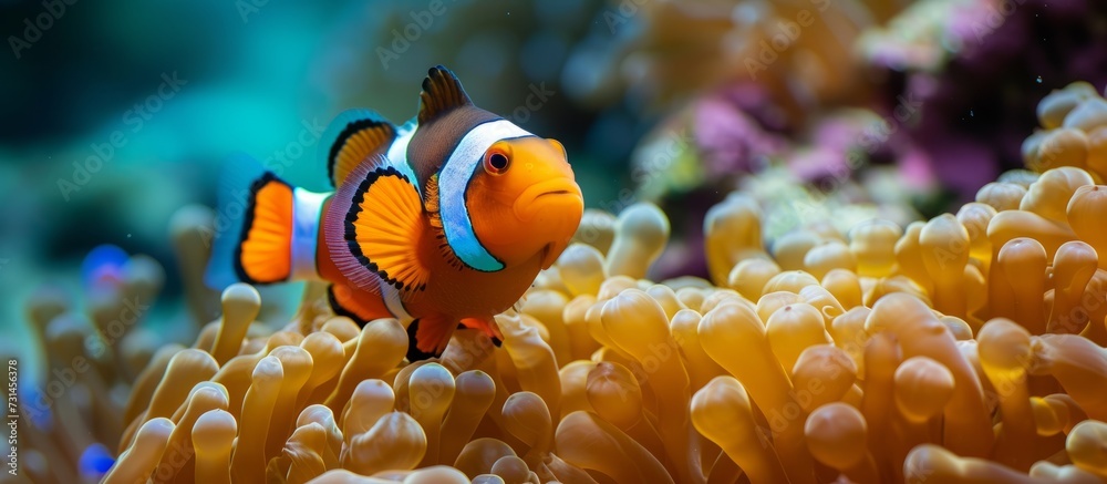 The clownfish, also known as anemone fish, swims gracefully in the colorful coral reef, a mesmerizing sight in the underwater world.