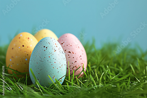 Сolored Easter eggs on the grass, generative AI