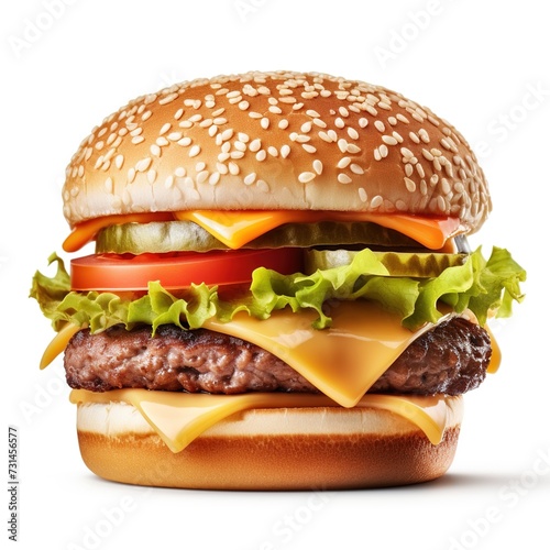 Savor the Flavor  Mouthwatering Loaded Burger  Isolated on a Crisp White Background. Indulge in the Juicy Goodness of this Culinary Masterpiece  Perfectly Captured and Presented for Your Ultimate Deli