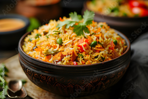 A colorful and flavorful Indian biryani dish, perfect for festive celebrations and cultural events.