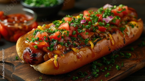 Delectable Hot Dog with Tomato Sauce, Mustard, and Parsley on Wooden Table